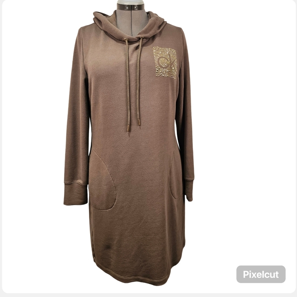Calvin Klein taupe reverse knit long  sleeve hooded midi dress women size L US.
